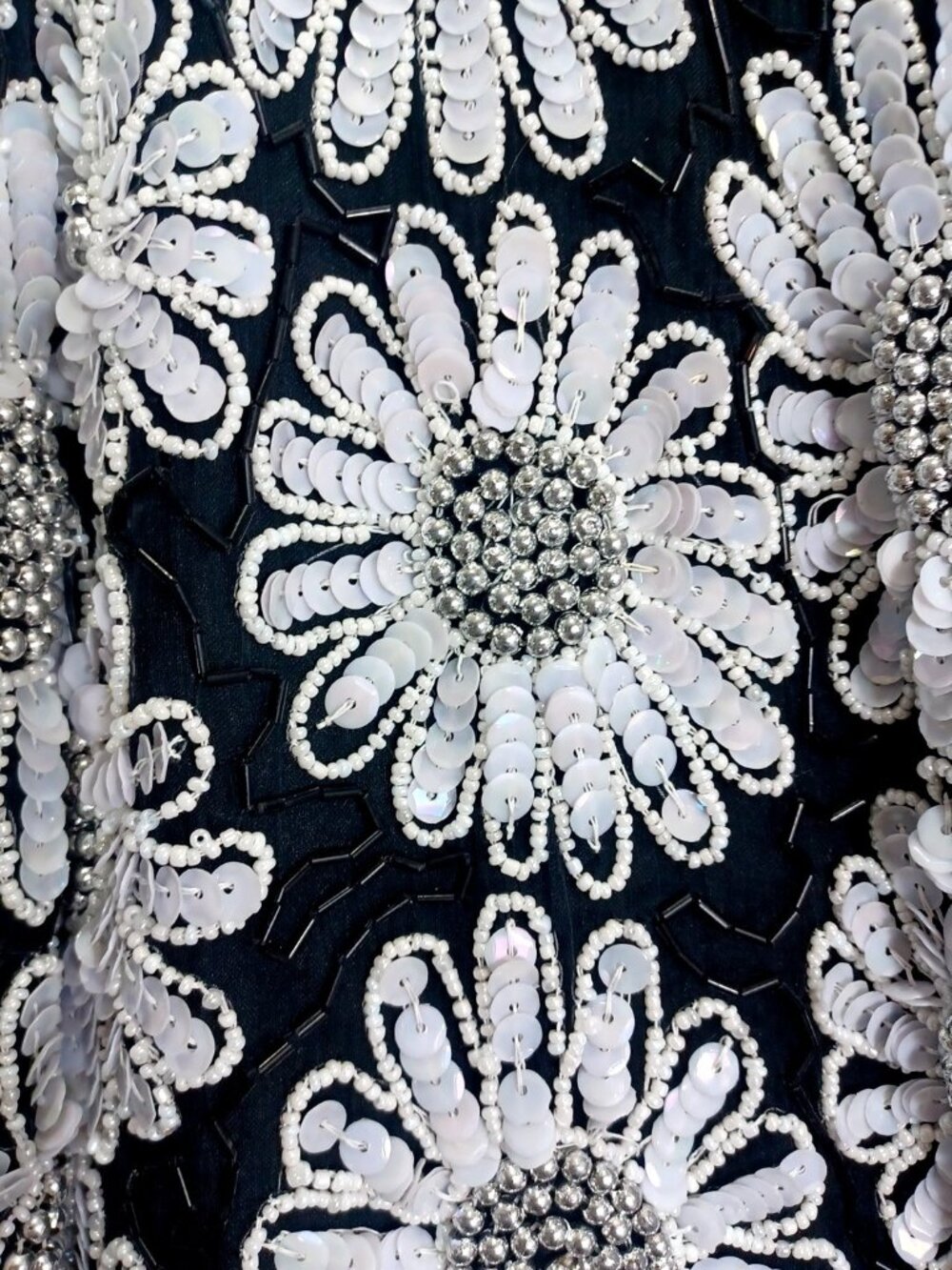 Pure Silk Black White Floral Hand Beaded Women M Vintage Evening Dress & Jacket - Picture 9 of 16